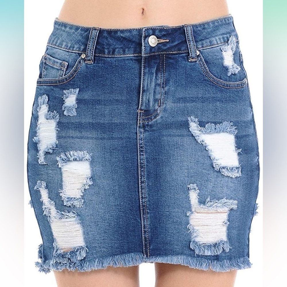 NEW Wax Jean Womens Distressed Stretch Denim Frayed Hem Skirt Size Large